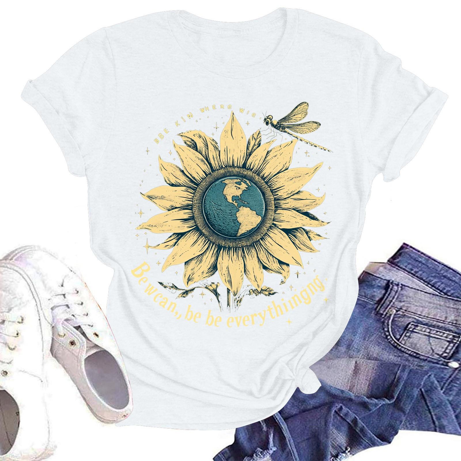 

Женская повседневная модная уличная футболка с коротким рукавом и принтом подсолнухов XL белый