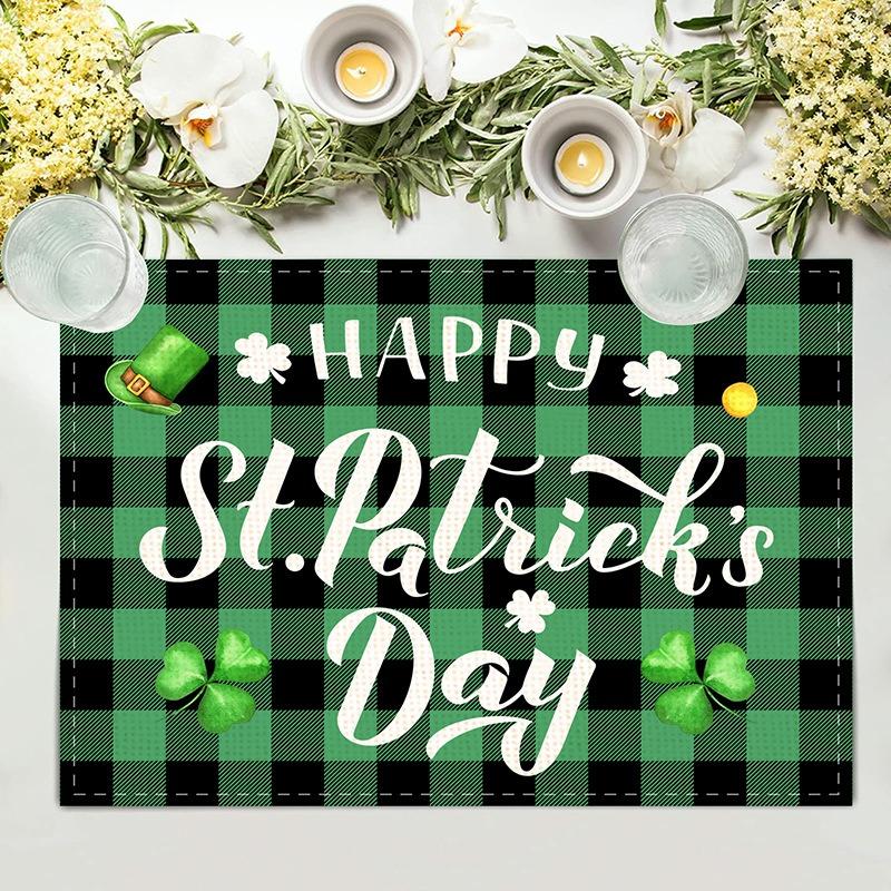St. Patrick's Day Placemats Set of 6 Buffalo Plaid Plastic Table Mats Lucky Shamrock Place Mats Holiday Table for Party Kitchen