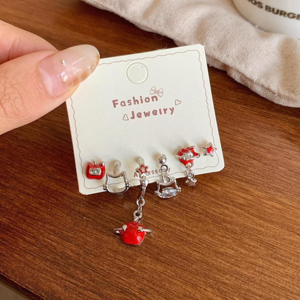 Christmas Red Apple & Cherry Stud Earrings - Women's Silver Needle Autumn/Winter Fruit Jewelry Set