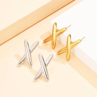 Gold-Plated X-Shaped Geometric Stainless Steel Earrings for Women