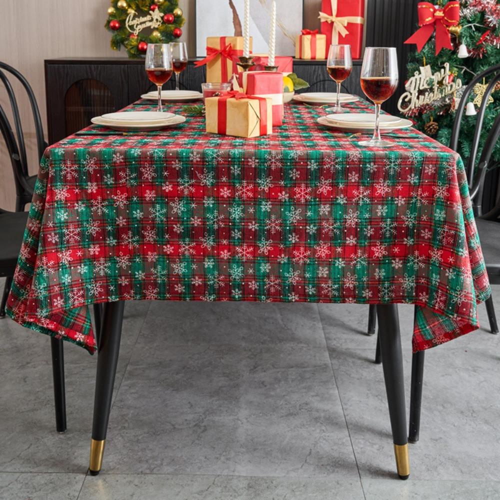 Christmas Tablecloth Rectangle Snowflake Retro Green Plaid Holiday Dining Table Decor