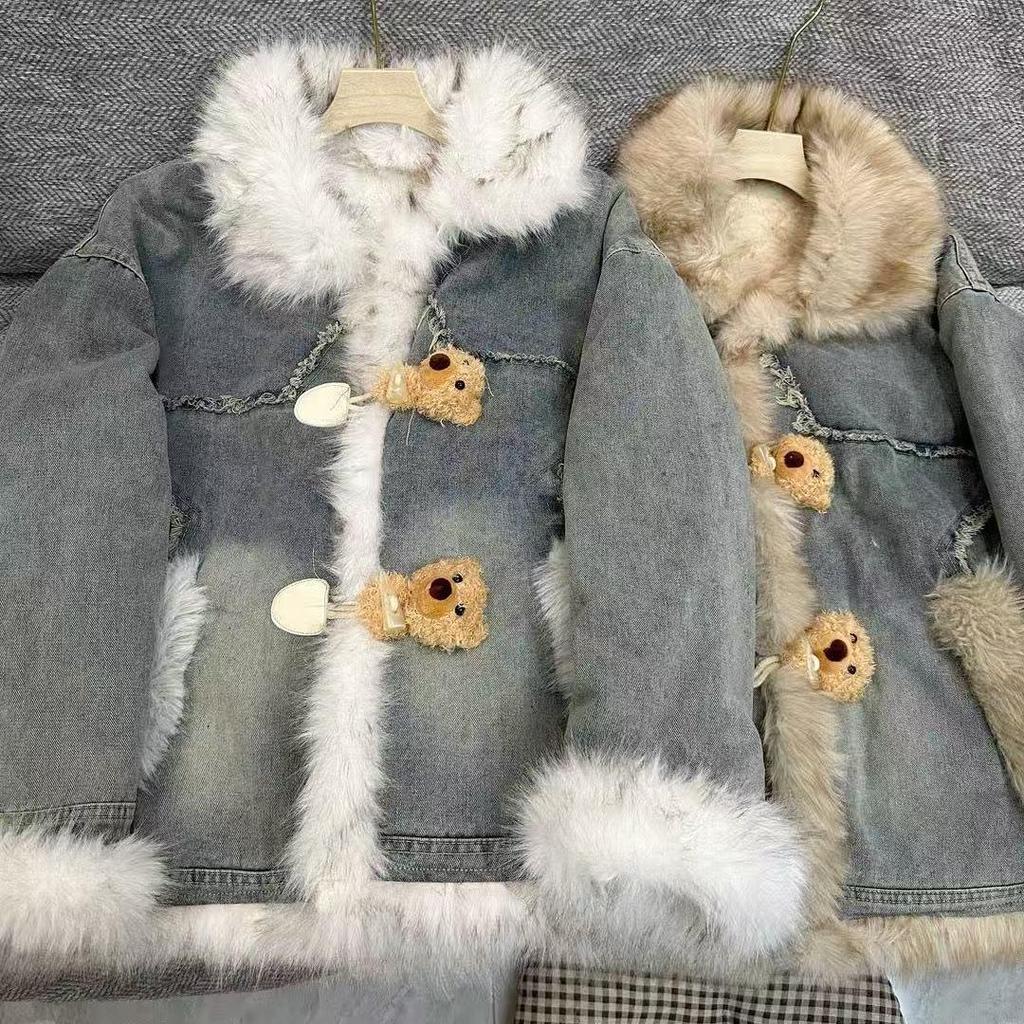 Damen Fuzzy Retro Denimjacke - Winter 2025 Street Style, Kurz & Verdickt mit Baumwollpolsterung.