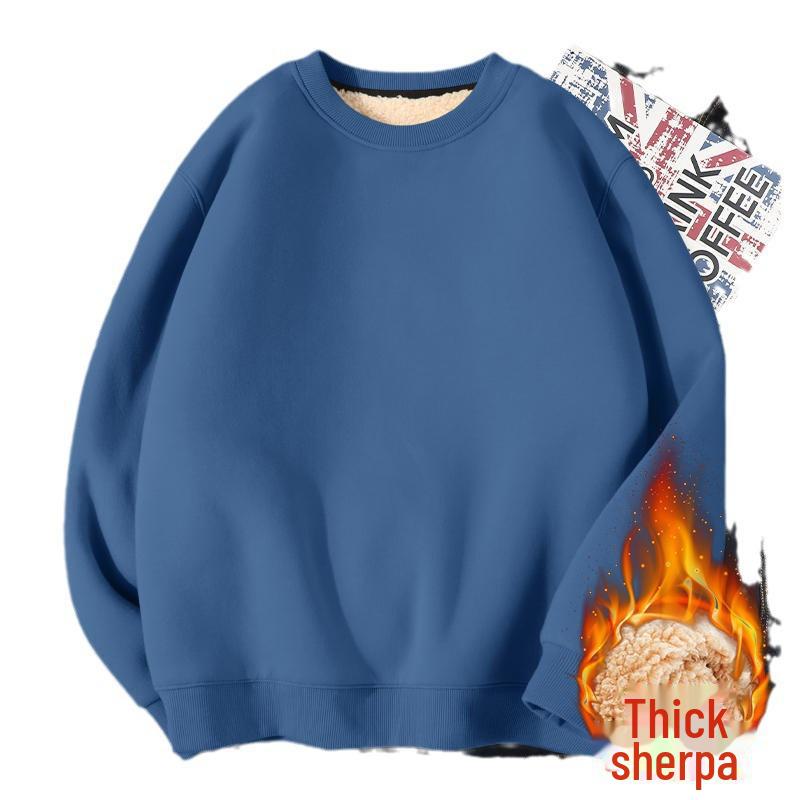 Men's Fleece-Lined Round Neck Sweatshirt, Thick Pullover, Long Sleeve, Hoodless, Large Size, Warm.