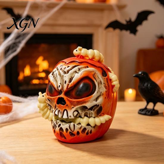 Resin Horror Tabletop Props Halloween Skull Apples Statue, Gothic Spooky Decor with Worm, Prop for Party Haunted House, Unique Gift Secret Room