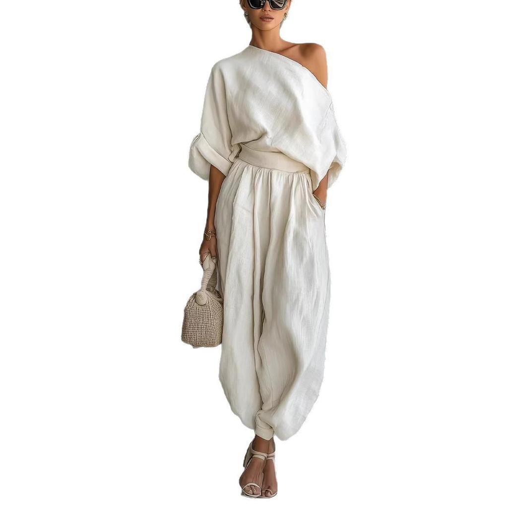 2026 European Spring Solid Color Off-the-Shoulder T-shirt Pocket Casual Loose Two-Piece Set