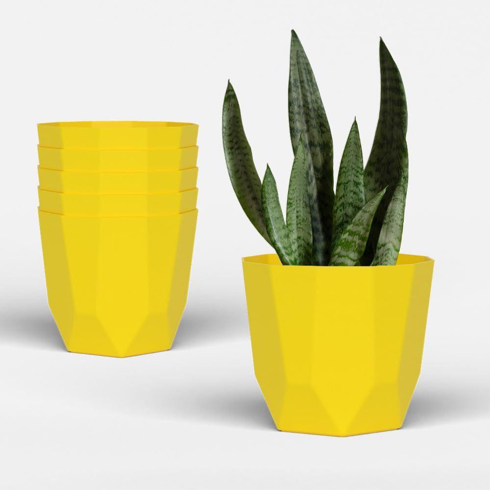 Hexa 8 Inch Pack of 6 Piece Plastic Plant Pot for Home Decor Indoor Plant Pots for Living Room Plastic Flower Pot for Garden (Yellow)