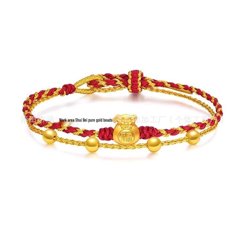999 Pure Gold Women's Red String Horse Bracelet with Luck Bead