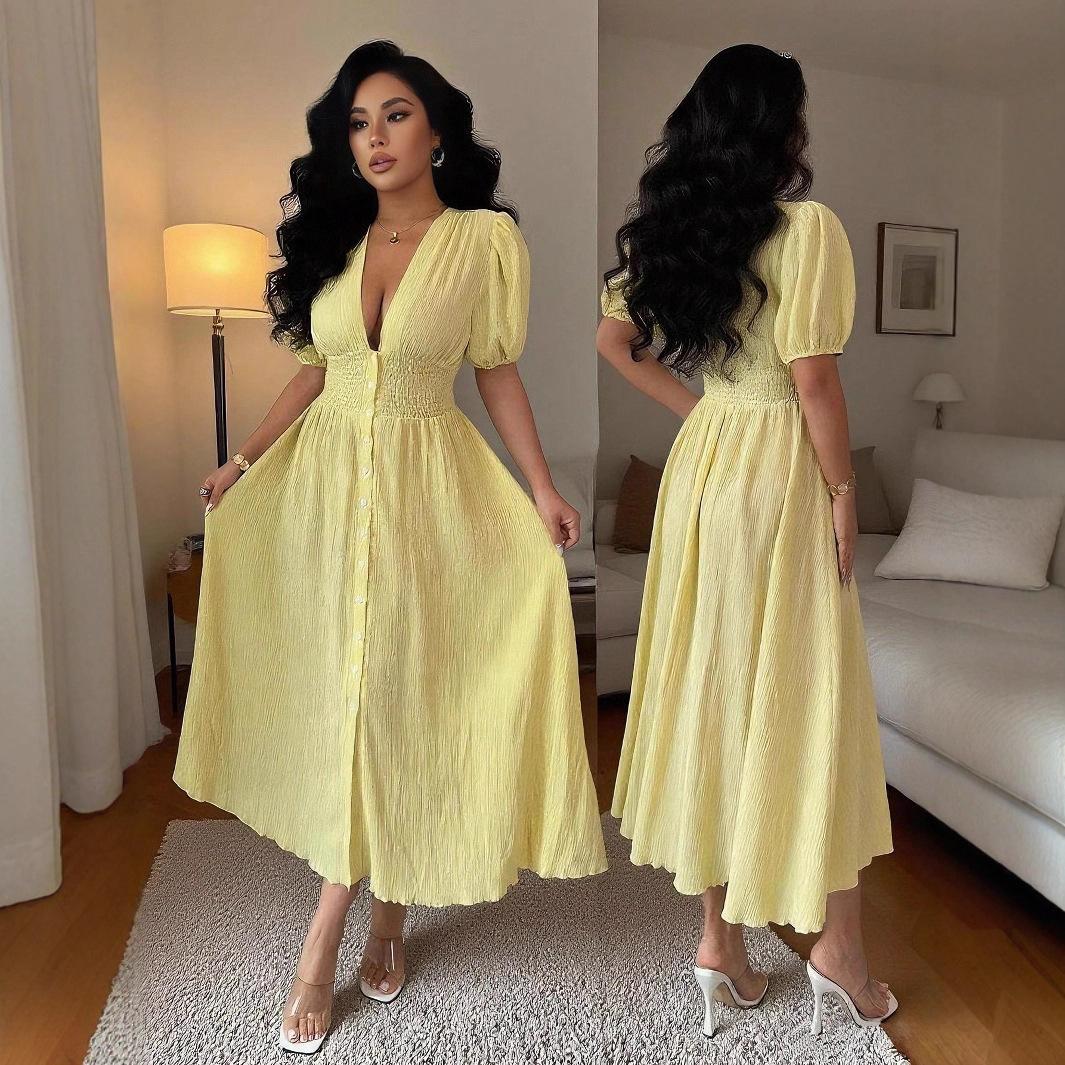 

Spring Summer Elegant Midi Dress Deep V Neck Puff Short Sleeve Smocked High Waist Button Front A-Line Flowy Casual Daily Party Date Sundress XL жовтий