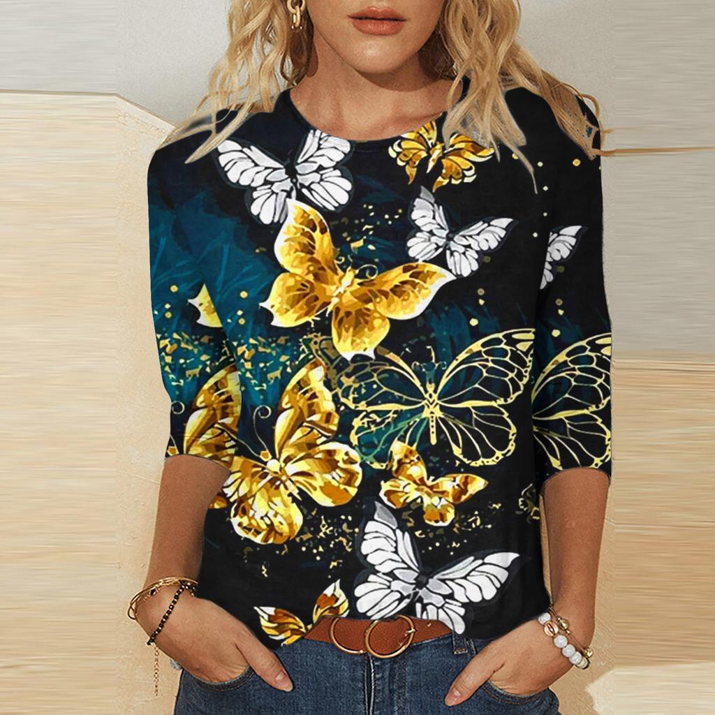 Round Neck 3D Flower Butterfly Geometric Patterns Printed Top Fashionable Casual Long Sleeved Women's T-shirts