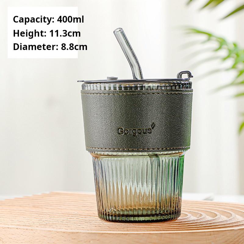 400ml Stripe Glass Cup Transparent Glasses With Lid and Straw Ice Coffee Mug Tea Cup Juice Glass Milk Water Cup Drinkware