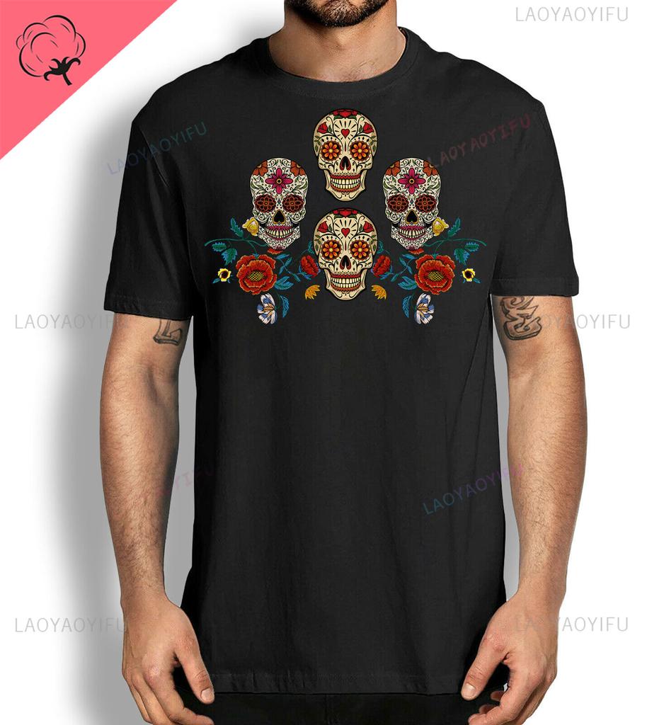 Day of Dead Floral Sugar Skulls Cotton Tee T Shirts Dia De Los Muertos Mens and Womens Graphic Tshirts Y2k Clothes Streetwear