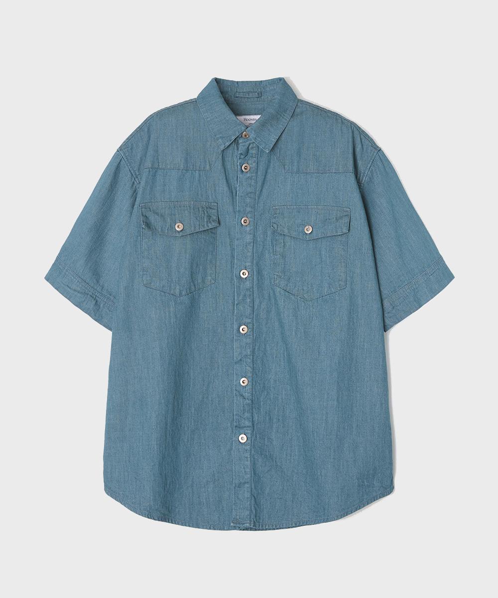Whoops Stone Washed Colored Denim Short Sleeve Shirt [Blue] L
