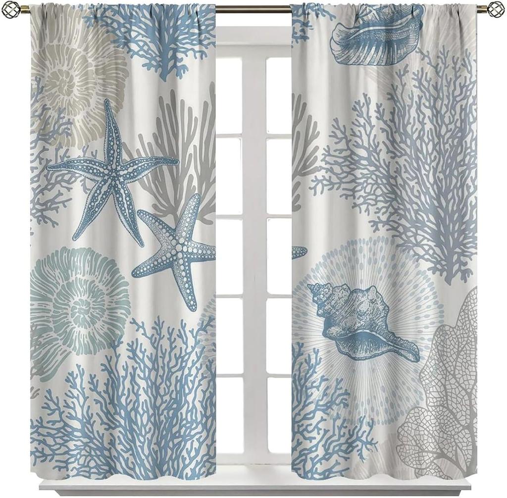 Nautical Coastal Window Curtains Beach Sea Starfish Seashell Curtain Living Room Bedroom Panels Set Inch Made Of Polyester Sitting Treatment