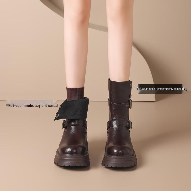 ZHR Women s Retro Buckle Platform Martin Boots 38