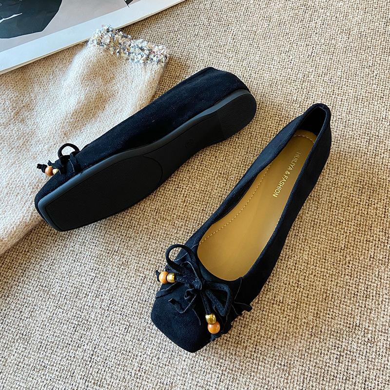 W066-5 Night Breeze Gentle Bow Flat Shoes Women's Single Shoes 2025 New Shallow Mouth Square Head Suede Grandma Shoes