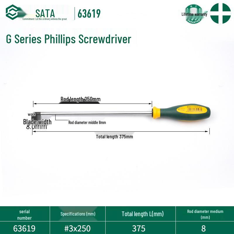 SATA G Series Phillips Screwdriver Set with Strong Magnet - Industrial Grade, High Hardness