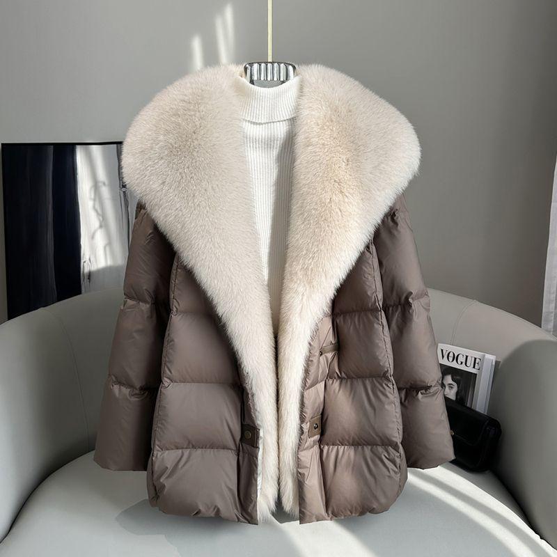 High End Faux Fox Fur Detachable Large Lapel Fur Down Jacket for Women Winter Medium Long Loose White Goose Down Coats