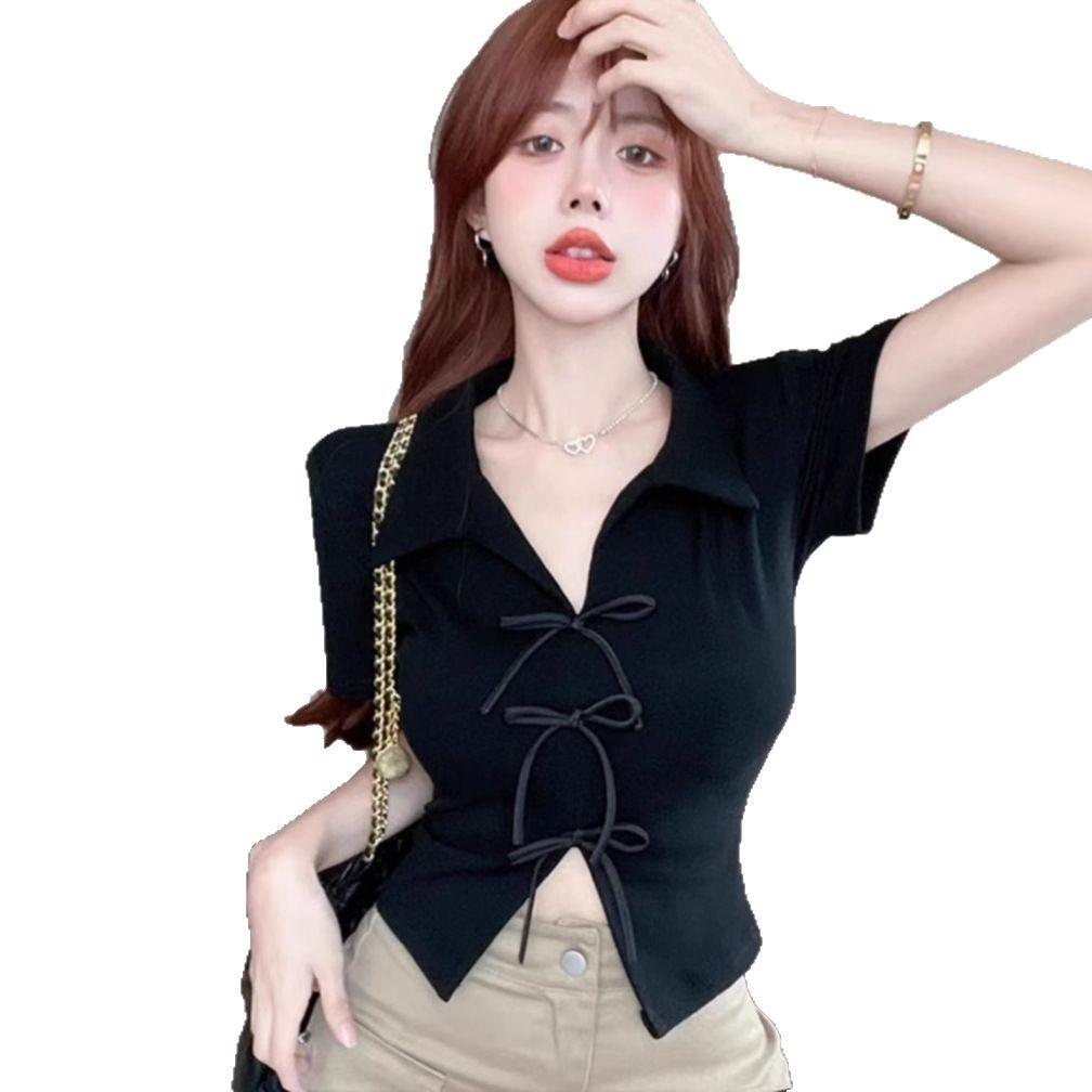 ins pure desire spice girl bow polo collar short-sleeved t-shirt women's summer design French short bottom short-sleeved top