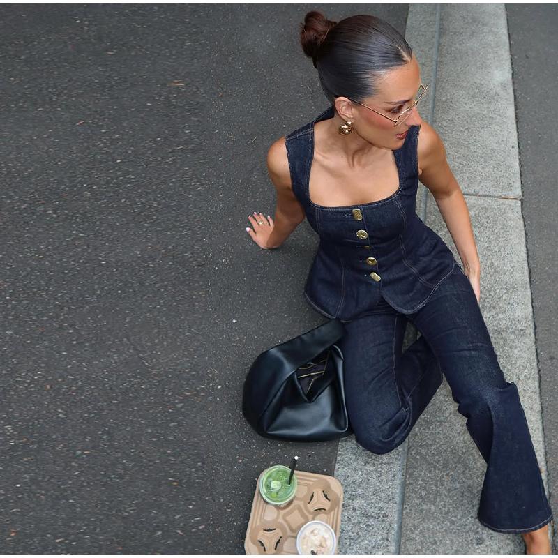Street Denim Pants Set Women Sleeveless Single Breasted Slim Square Collar Tank High Waist Straight Jeans 2025 Summer Lady Suit