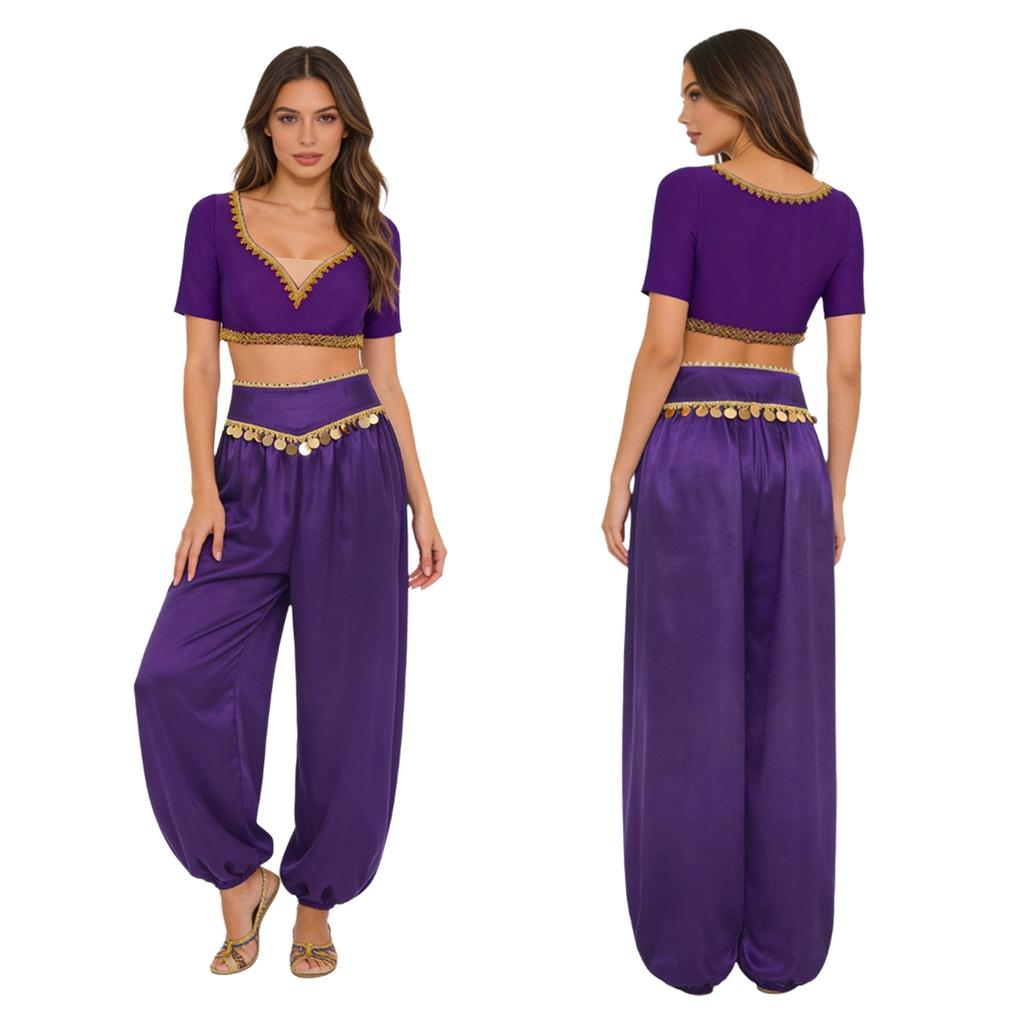 S-XXL Womens Belly Dance Outfit V Neck Short Sleeve Gold Trim Crop Top and Sequin Tassel Long Pants 2-piece Set for India Dance Folk Dance