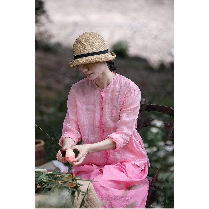 Summer Retro Pink Stand Collar Long Sleeve Lightweight Ramie Blouse Medium