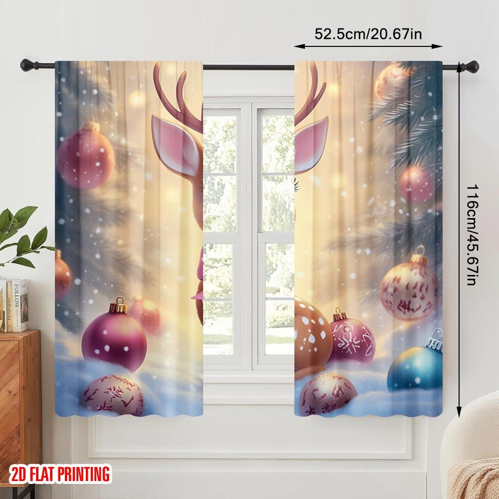 2pcs,2D Plane Printing Curtain Popular Cute Reindeer Christmas Ornaments 100% Polyester (without Rod) Art Deco Festive Perfect