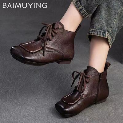 Leather Flats Women Ankle Boots Square Toe Lace Up Designer Shoes Trend New Brand Winter Soft Cozy Oxford Botas De Mujer