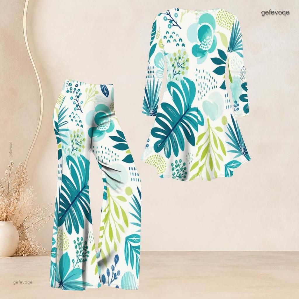 Women Plus Size Printed Round Neck Three Quarter Sleeve Flared Top And Flared Pants Two Piece Set