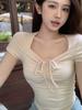 Pure desire Spice Girl wind drawstring square neck short-sleeved T-shirt women's summer new slim-fit inner bottoming shirt top