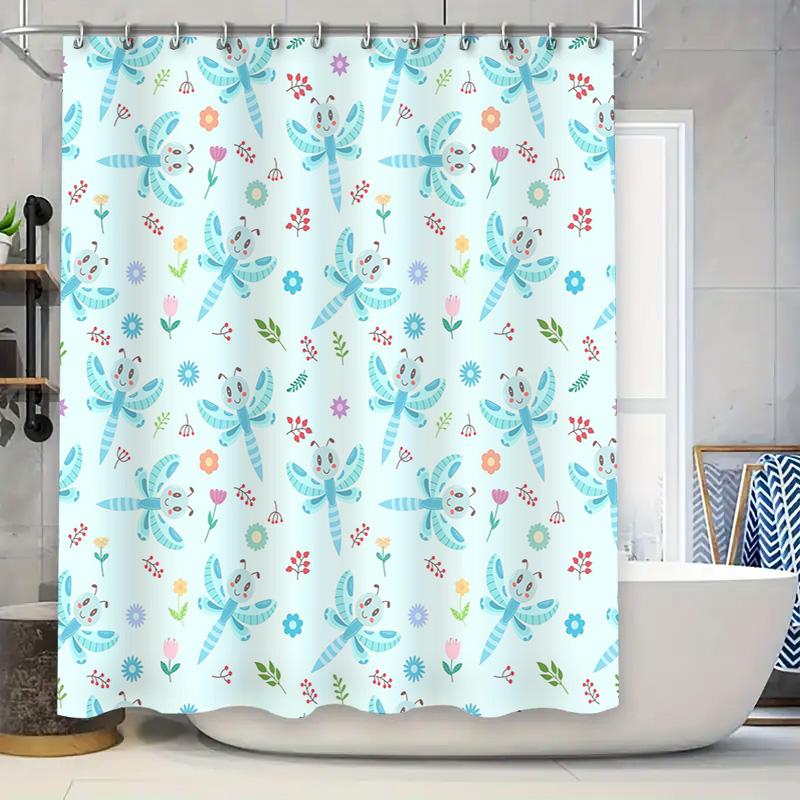 

Colorful Dragonfly Shower Curtain Blue Flower Bath Decor Set with Hooks Waterproof Fabric for Bathroom Decoration Perfect Gift I 90x180cm