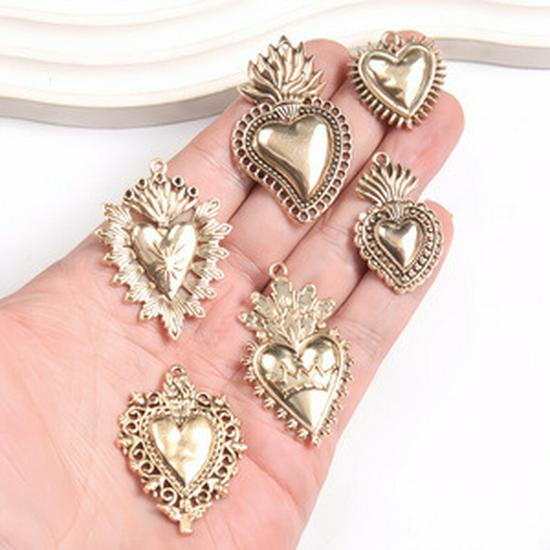 Cross Retro Sacred Heart Flame Pendant: Love Heart Aged KC Gold Blackened DIY Charm Necklace