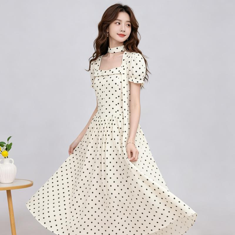 Summer new A-shaped skirt, soft French square collar polka dot dress, long dress, thin, sweet girl style long skirt