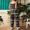 Damen Jumpsuit Print Casual Loose Vintage Schultergurt Baumwolle Leinen