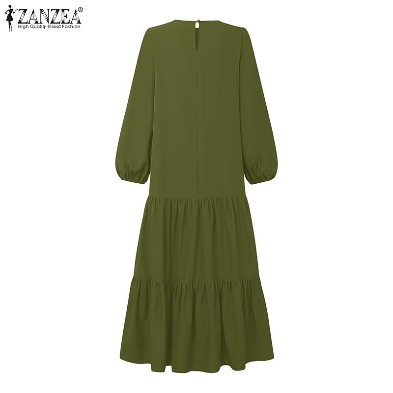 ZANZEA Women Casual Round Neck Loose Long Sleeve Long Dress