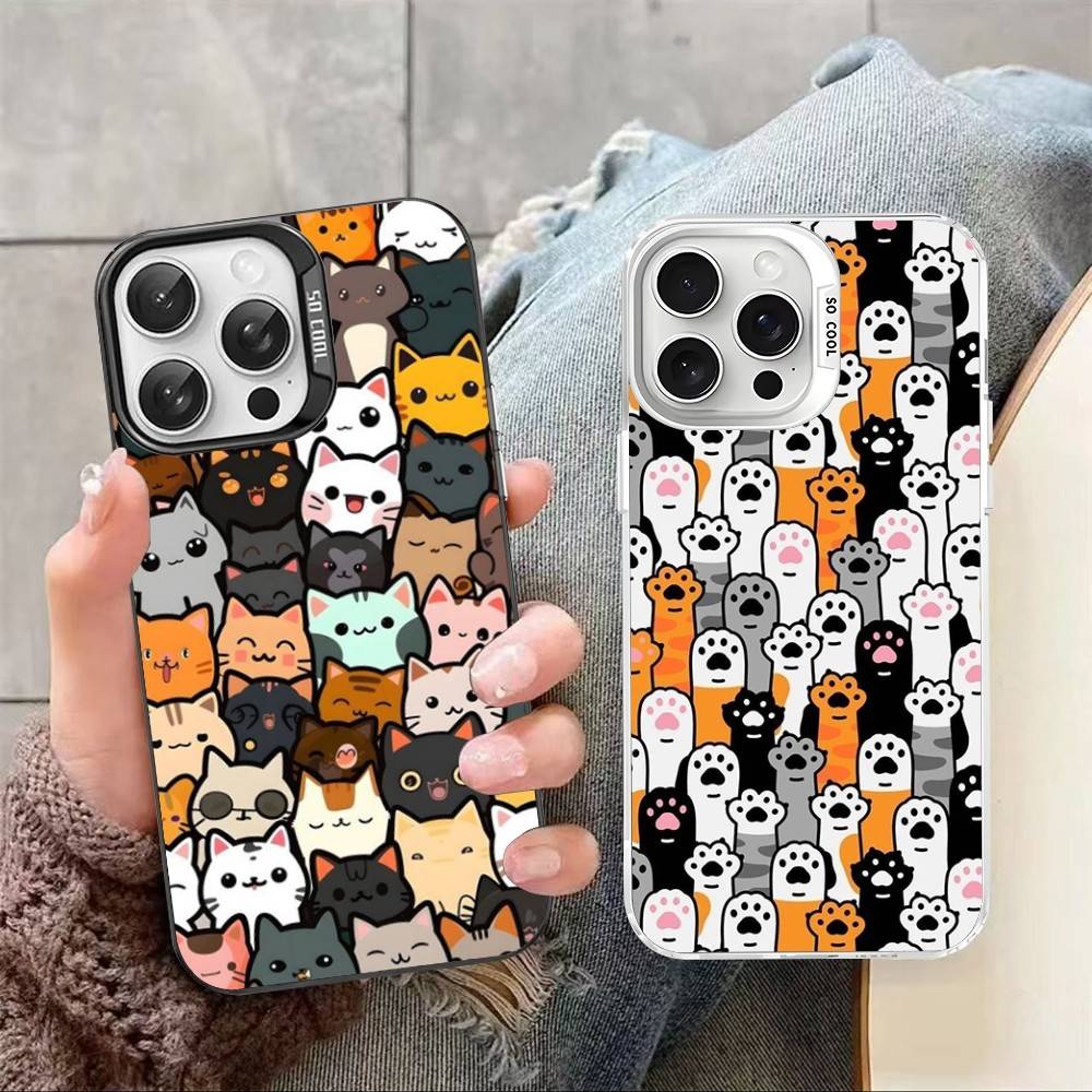 Cartoon Cute Cats Background Phone Case For IPhone 17 16 15 14 11 12 13 Pro Max Pro Plus Colored Silver Cover