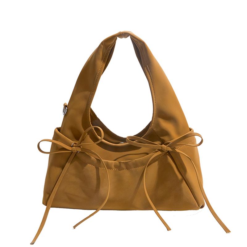 Cream Soft Shoulder Bag with Adjustable Drawstring Bows for Casual Daily or Trendy Urban Outings