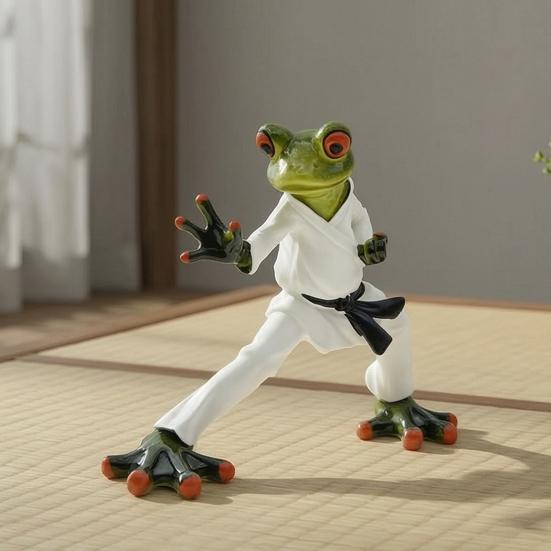 Taekwondo Frog Figurine Black Belt Green Frog Statue Resin Martial Arts Animal Sculpture