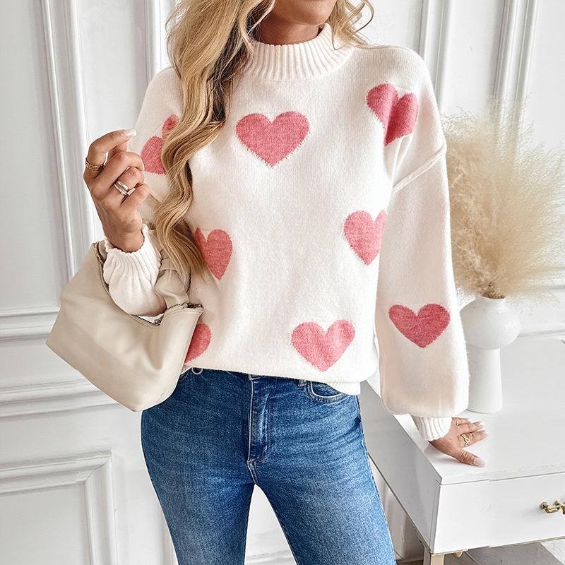 2025 Autumn/Winter Women's Christmas Love Jacquard Knit Sweater - European/American Style Semi-High Neck