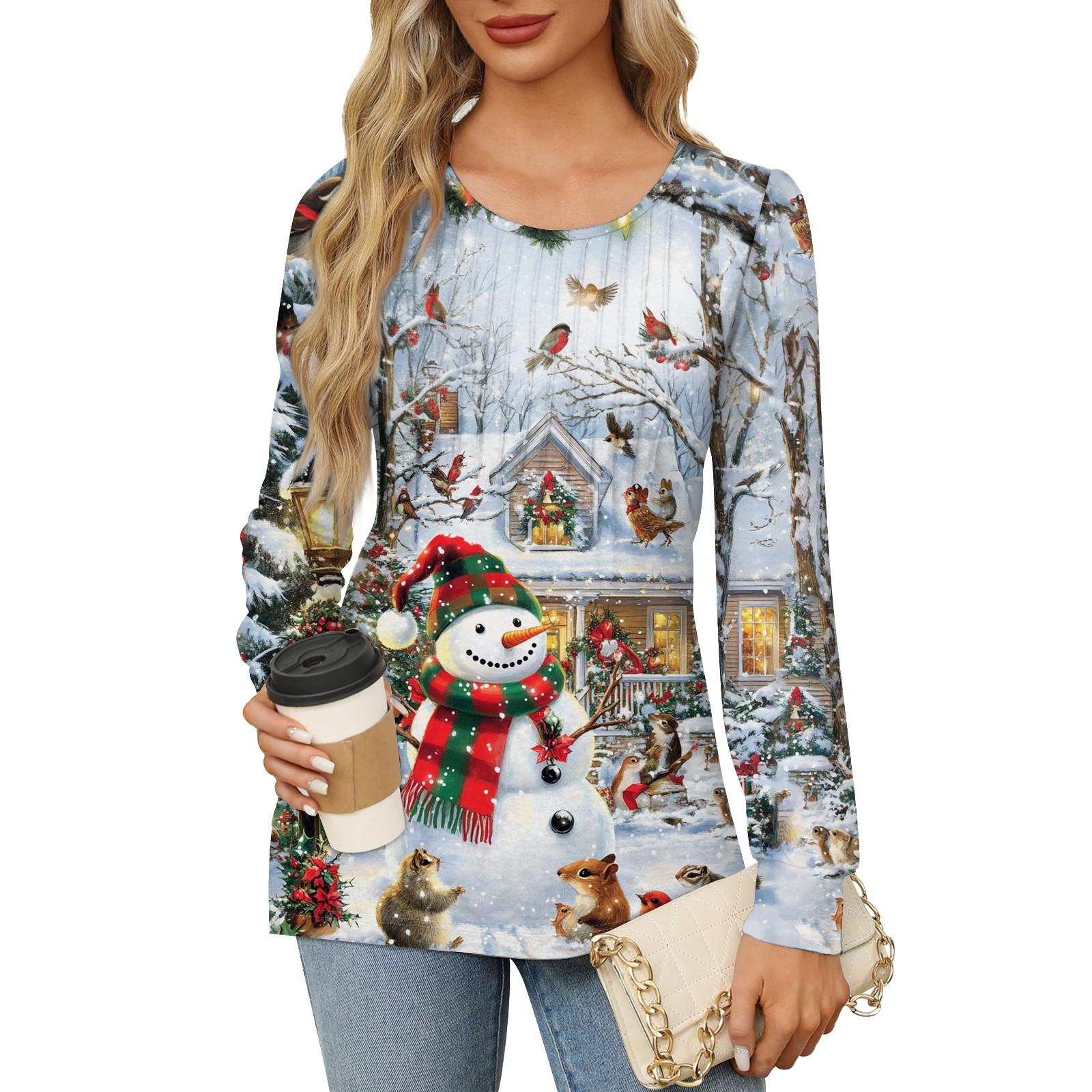 

Женский модный пуловер с круглым вырезом и длинными рукавами, рождественский принт «Снеговик» L