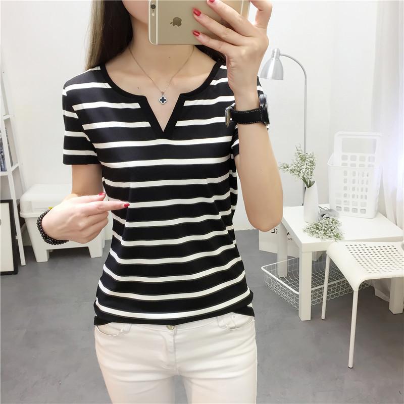 

Plus-Size Women S Trendy Stretchy Top Summer V-Neck Short-Sleeve T-Shirt Striped Loose Fit M чёрный