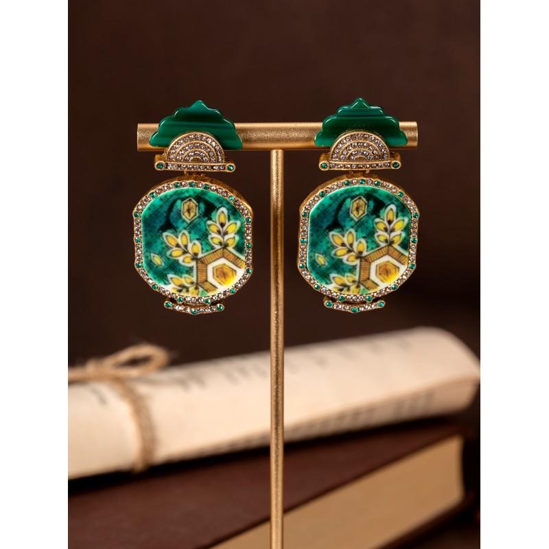 

Vintage Enamel Painted Earrings With Ethnic Style Versatile Medieval Floral Women зелений