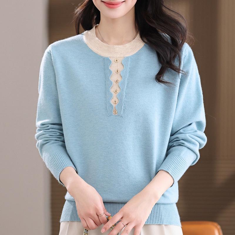 

2026 Stylish Half-High Collar Wool Sweater for Middle-Aged Moms - Faux Two-Piece Layered Spring Top XL [Up to 105 lbs]