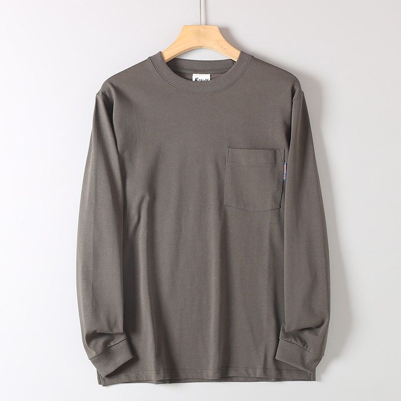 310g Heavyweight Vintage Pure Cotton Simple Pocket Design Solid Color Long-Sleeve T-Shirt for Men Casual Loose Round Neck Base Shirt