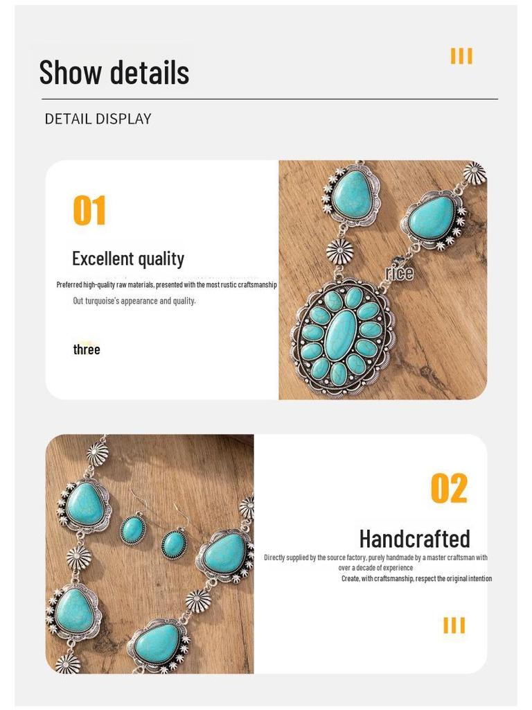 European & American Retro Turquoise Necklace and Earring Set