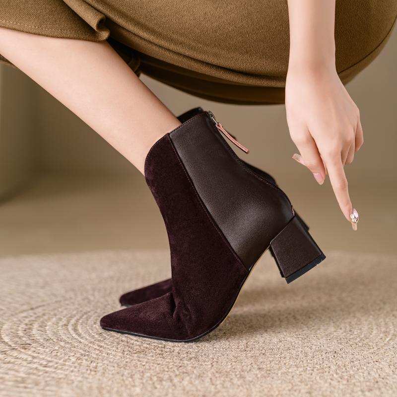 Fashion 2024 New Autumn Sheep Suede Women Boots Pointed Toe Chunky Heel Boots for Women Winter Short Boots Genuine Leather Ladies Shoes