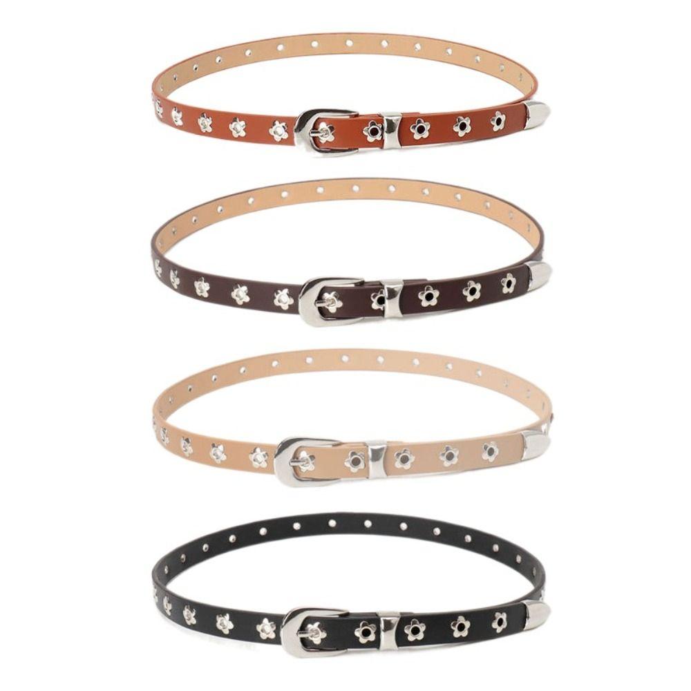 Punk Flower Rivet Belt Korean Style Thin Waist Strap Casual PU Leather Waistband  Girl