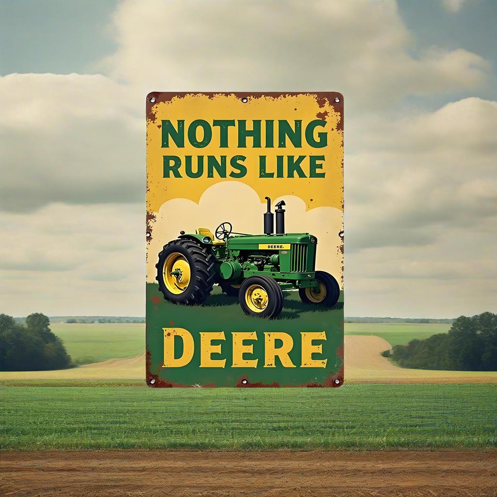 "GreenGold Vintage: John Deere Tractor Distressed Tin Sign | Iconic 'Nothing Runs Like Deere' Decor for Garage Shrines & Barns"