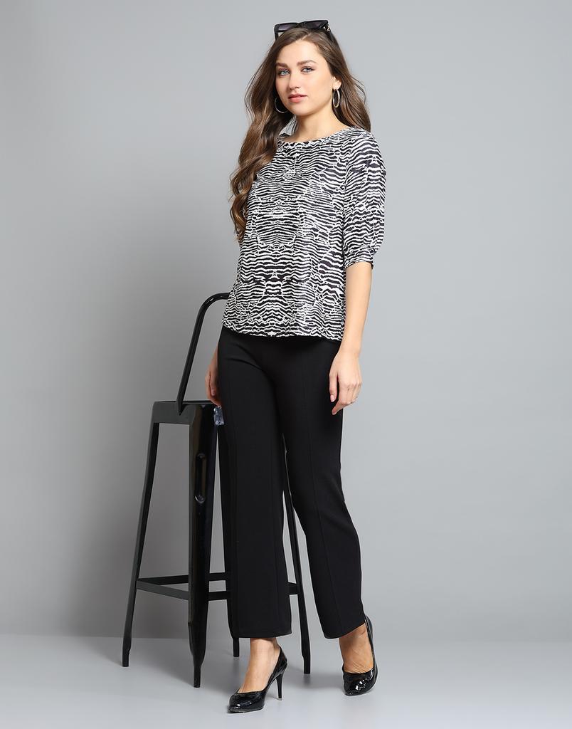 MONTE CARLO Womens Printed Black & White Round Neck 3/4 Sleeve Top