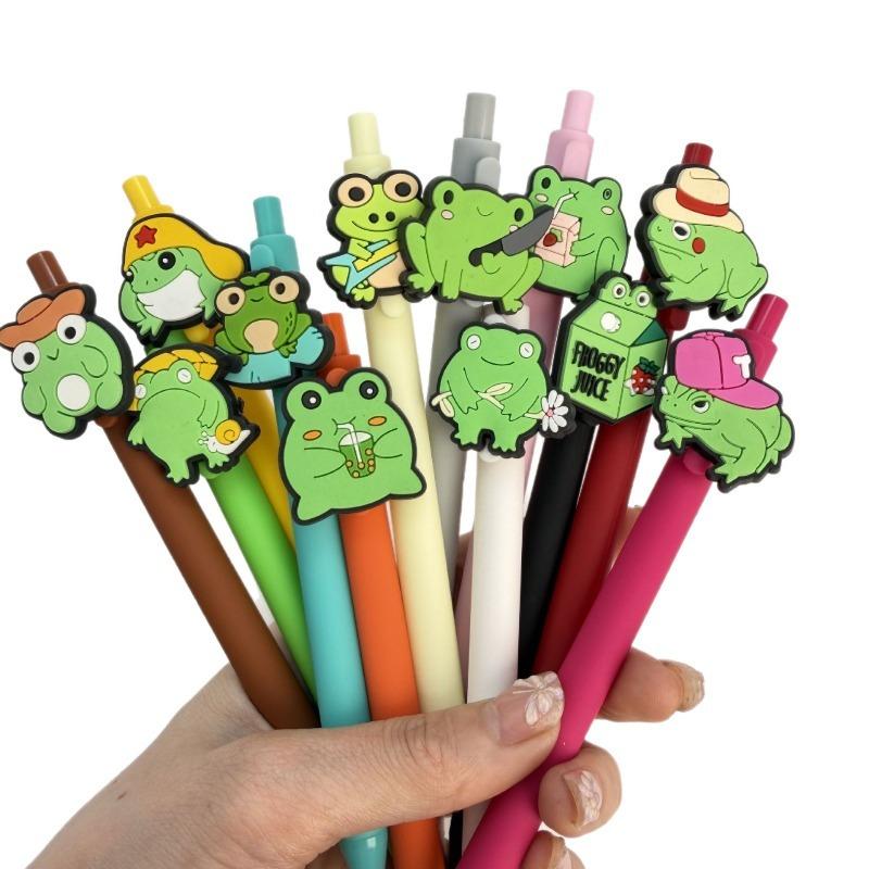 12Pcs Creative Simple Frog Family Theme Scalable Ballpoint Pen, Campus Design, Green Little Frog Series
