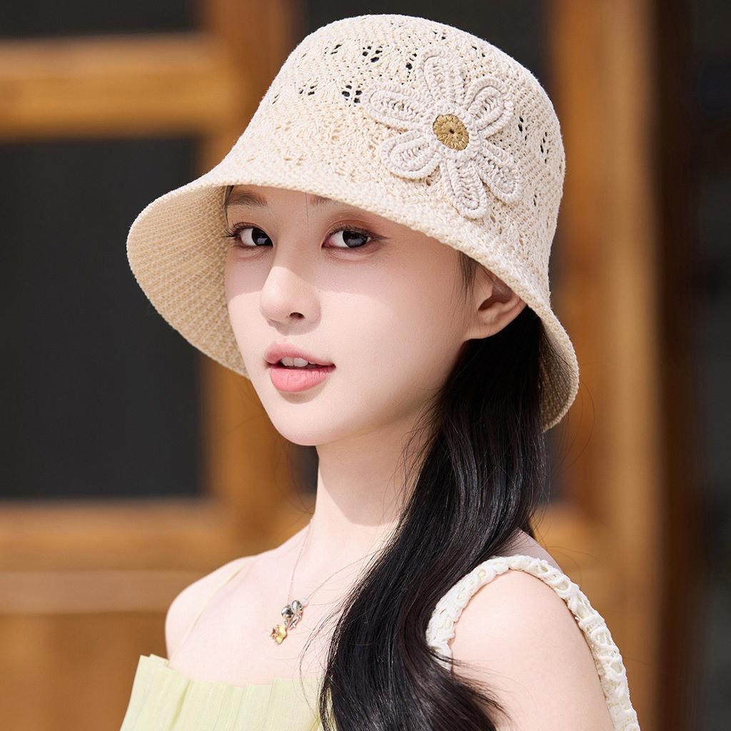 Solid Knit Hollow Out Bucket Hat Women Spring Summer Breathable UV Sun Protection Fisherman Hat